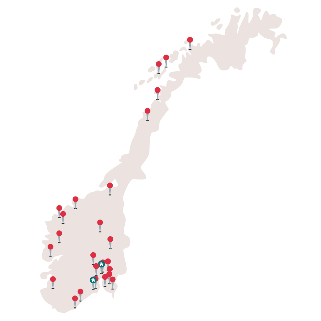 Kart over lokallag, pårørendesenter og sekretariat 2024